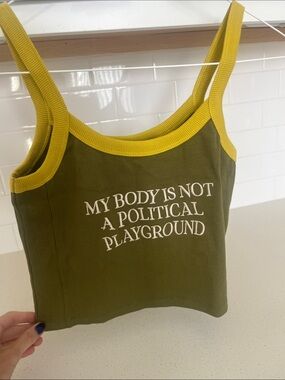 CHNGE Olive Green Tank with Yellow Trim and White Slogan